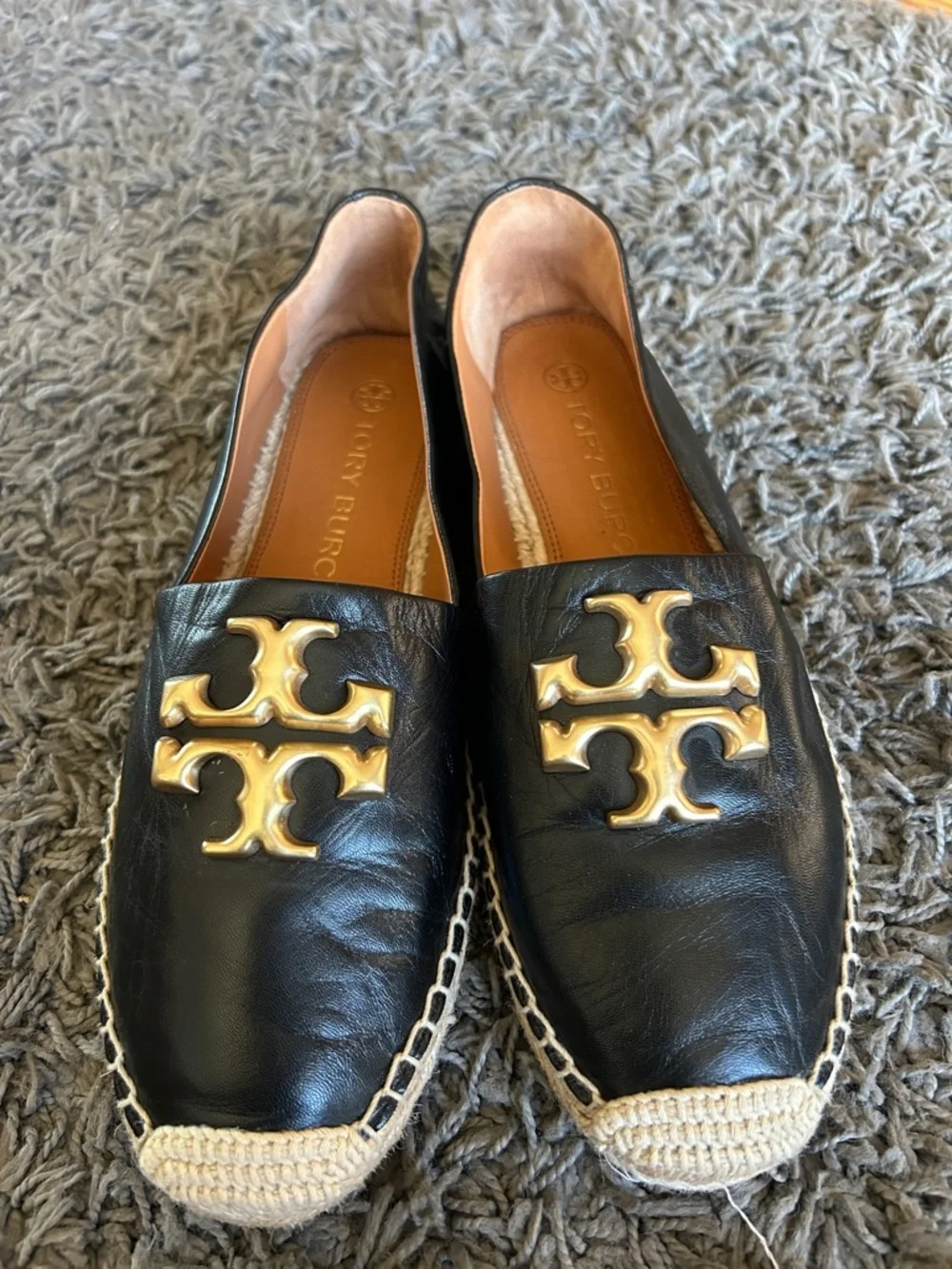Tory Burch ELEANOR ESPADRILLE Black Leather Espadrille Flats with Gold Logo